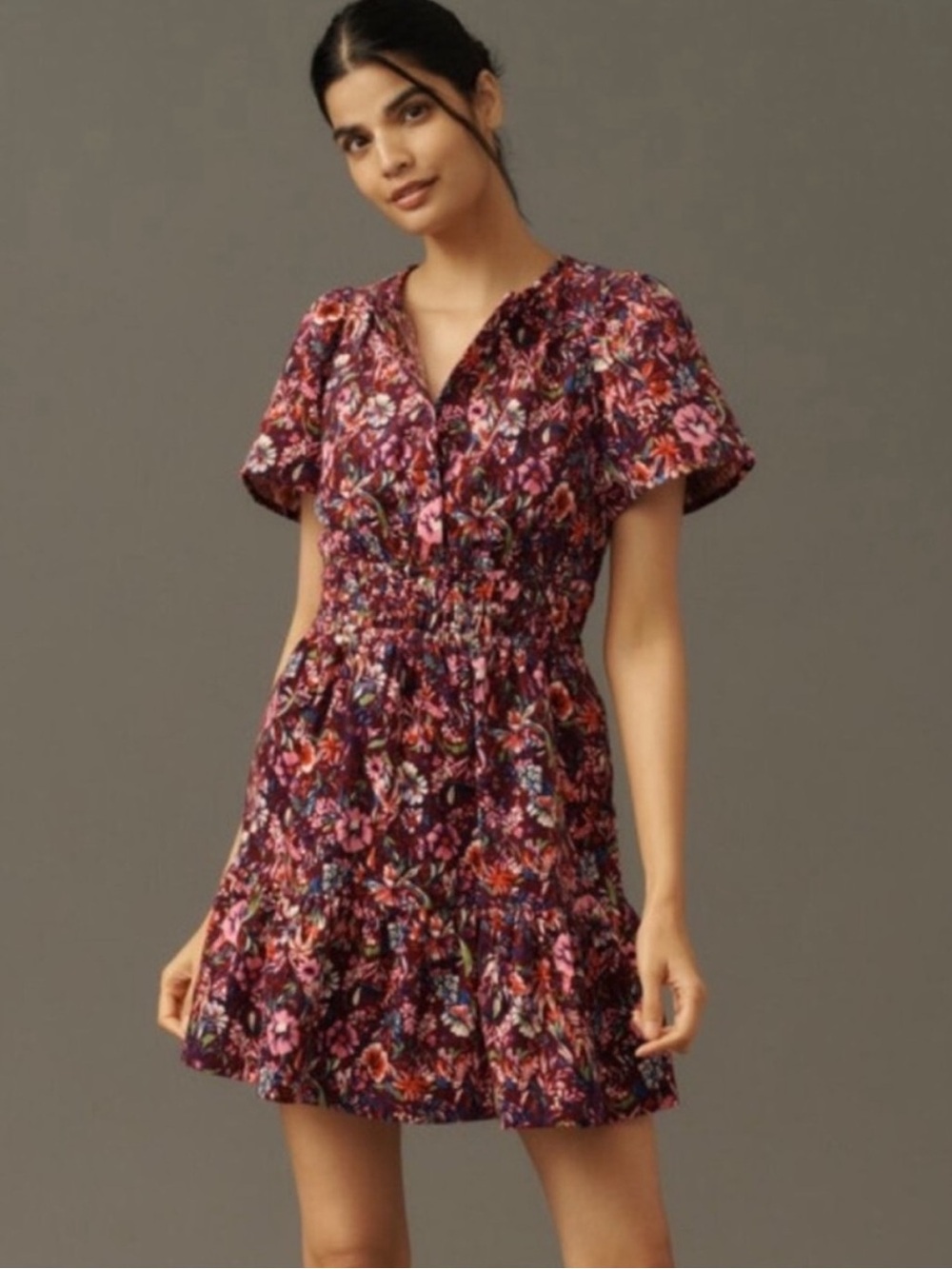 Anthropologie Purple Floral Shirred Waist Mini Dress with Pink & Red Accents